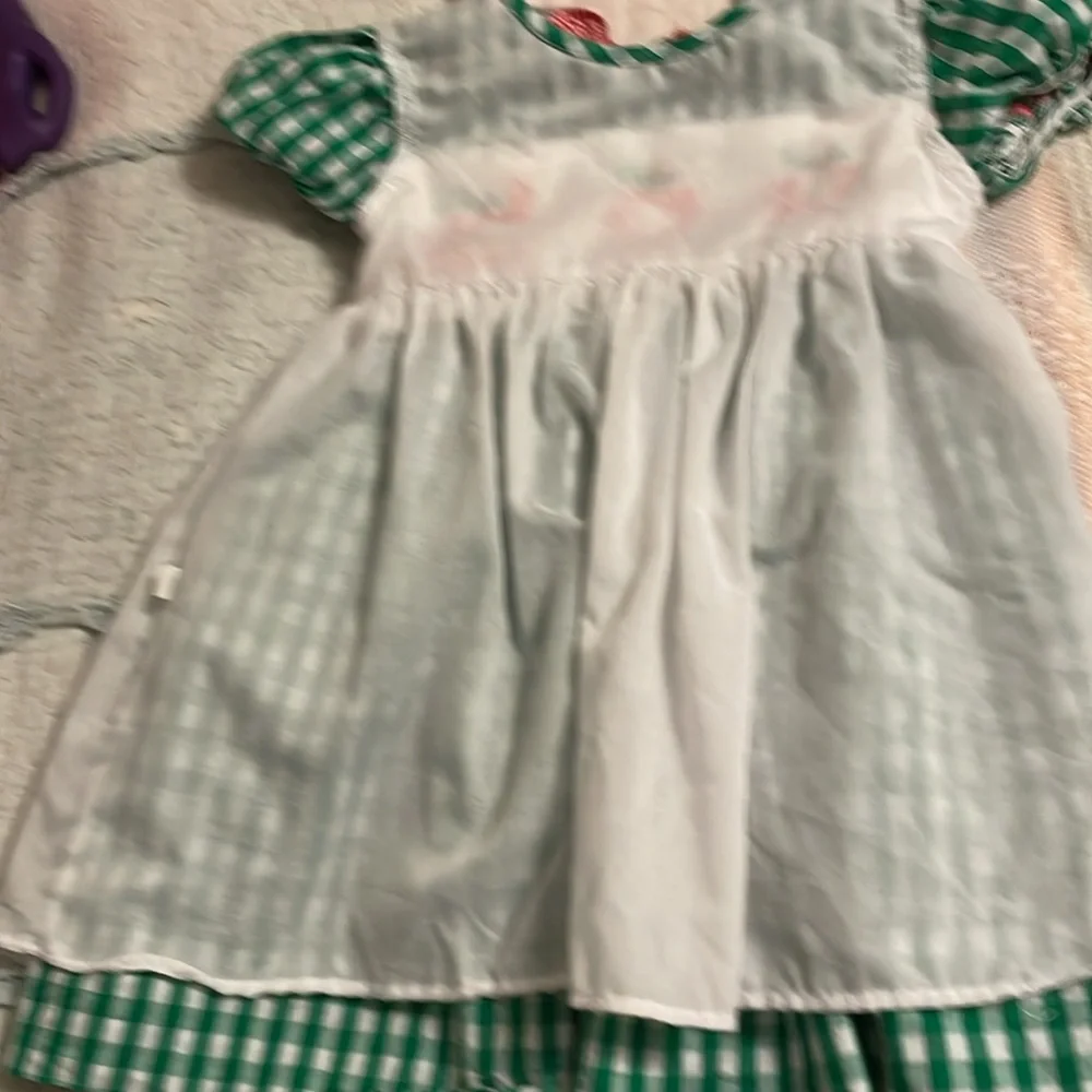 Green Gingham Apple Embroidered Short-Sleeve Dress for Girls